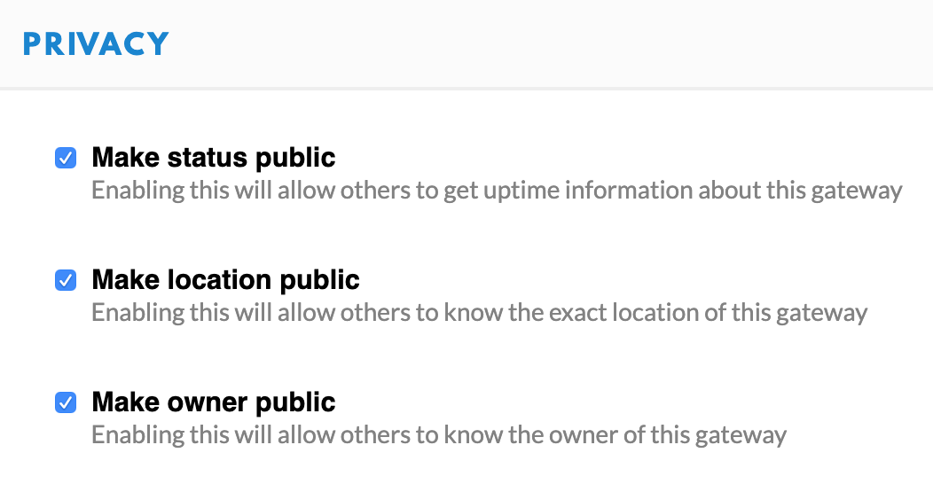 TTN Console gateway privacy settings
