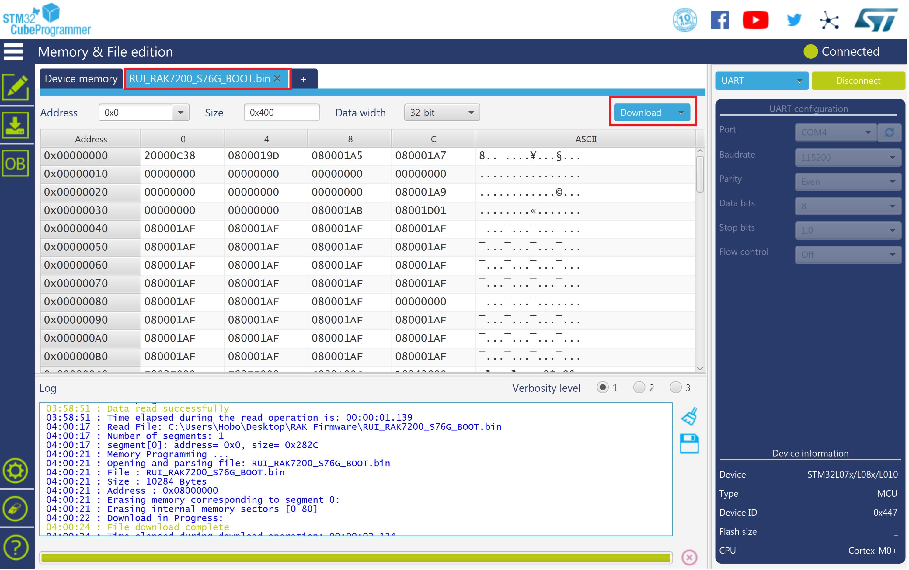 Figure 7: RAK7200 Bootloader Downloading