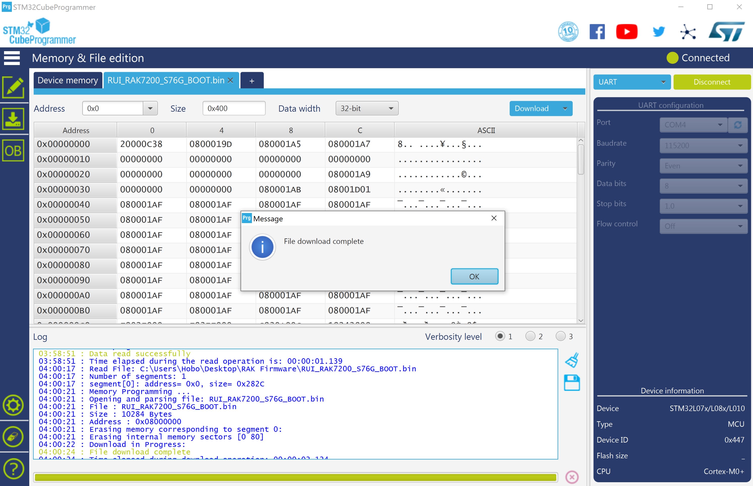 Figure 8: RAK7200 Bootloader Downloading Complete