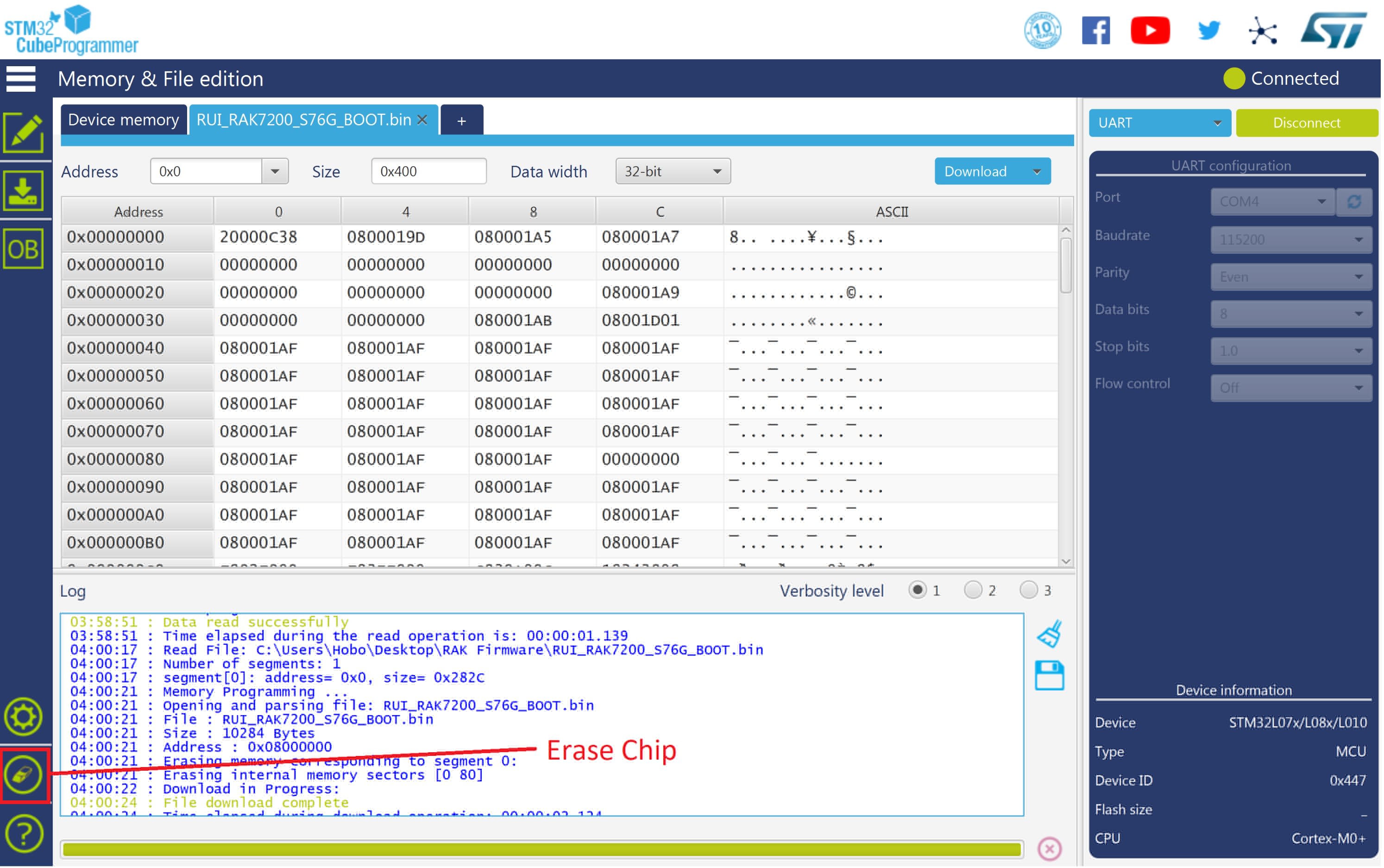 Figure 5: RAK7200 Chip Data Erasing