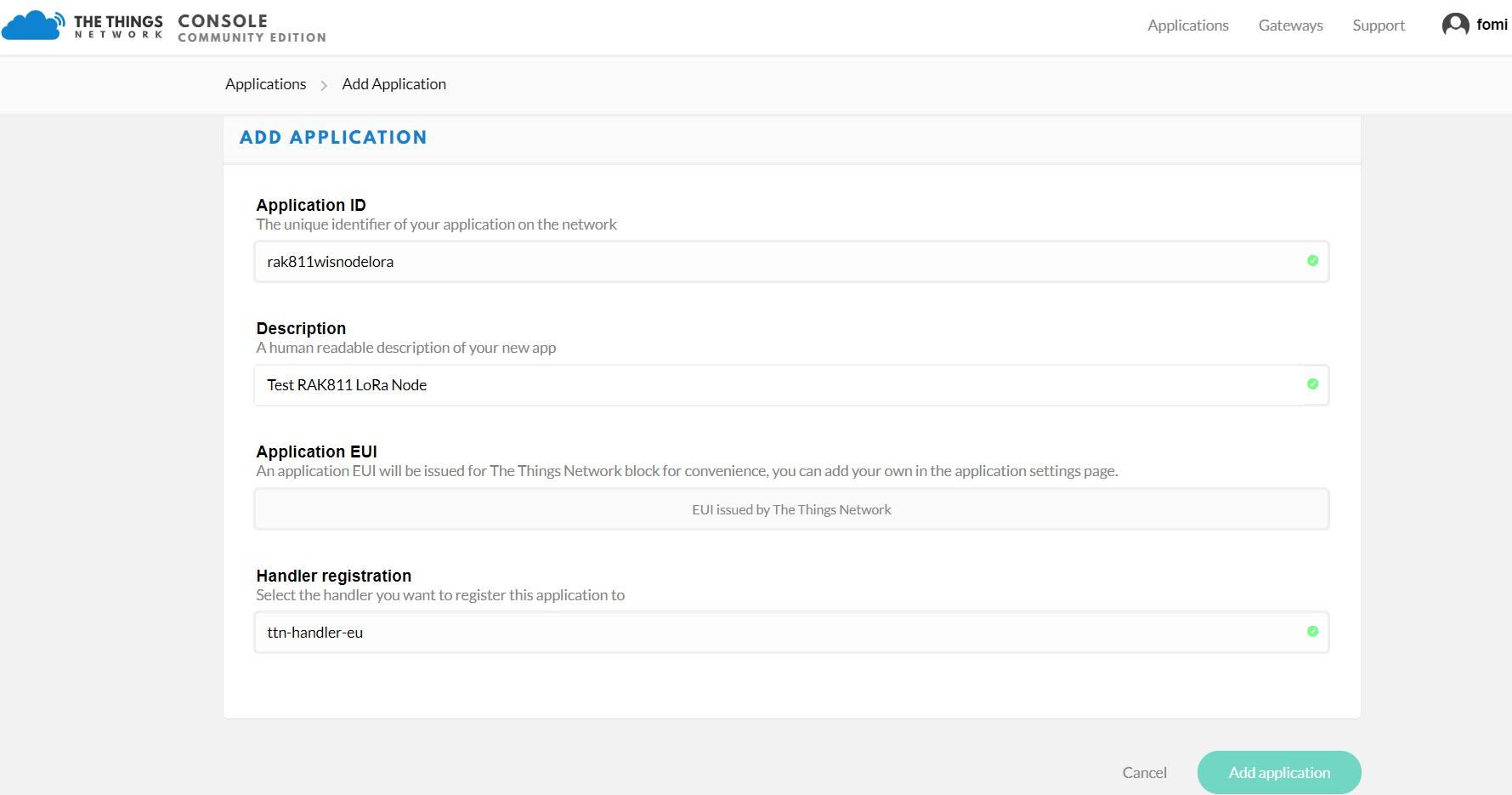 Figure 4: TTN Add Application Page