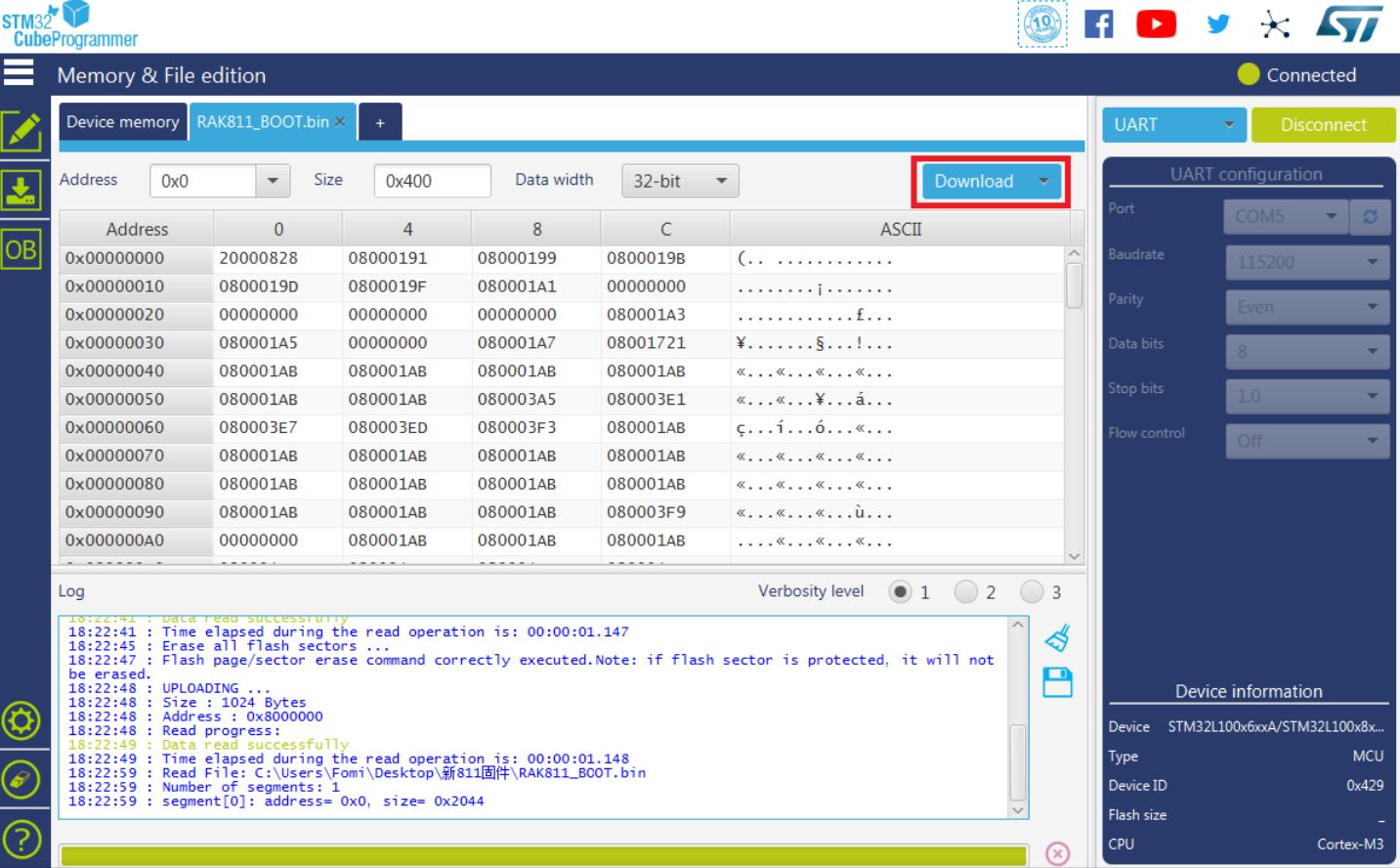 Figure 7: Downloading of Bootloader to the device