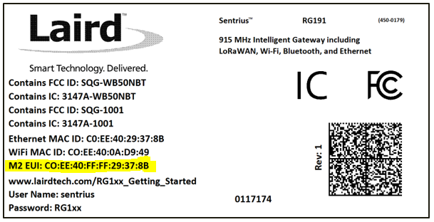 Laird RG1xx bottom sticker gateway ID