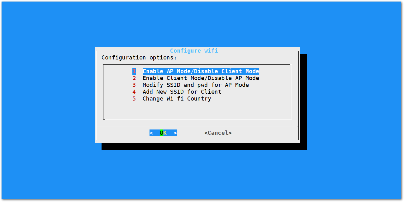 Figure 14: Configuration options for WiFi