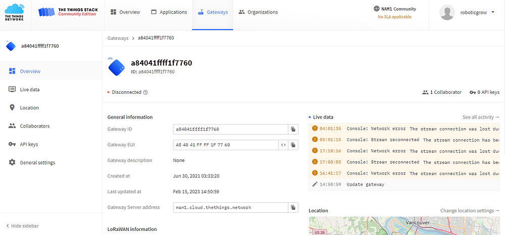 TTN screenshot for gateway troubleshooting