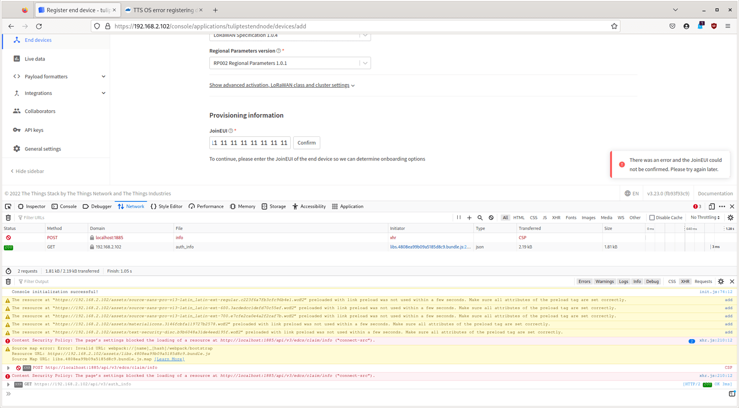 TTS OS error registering device using the repository - TTN Network and ...