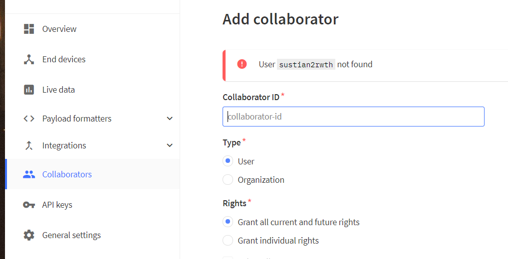 Can not Add collaborator in v3 - The Things Network