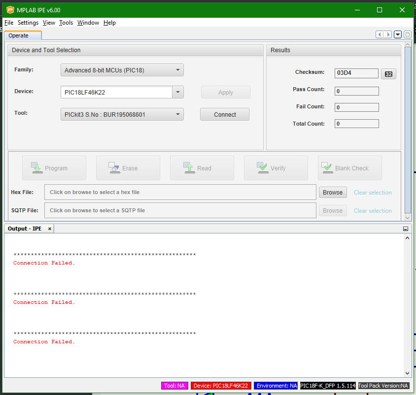MPLAB IPE also cannot connect (LF46K22)