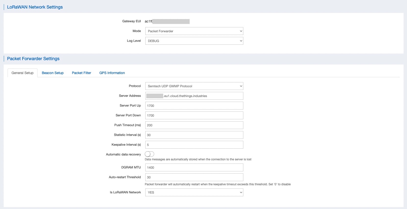 Gateway LoRaWAN settings