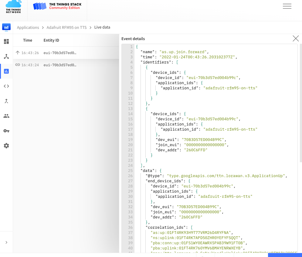 Application data - Adafruit RFM95 on TTS - The Things Stack