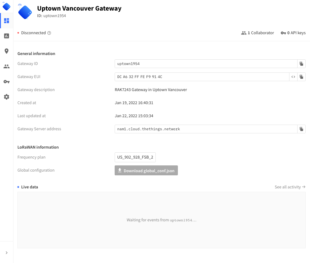 Overview - Uptown Vancouver Gateway - The Things Stack