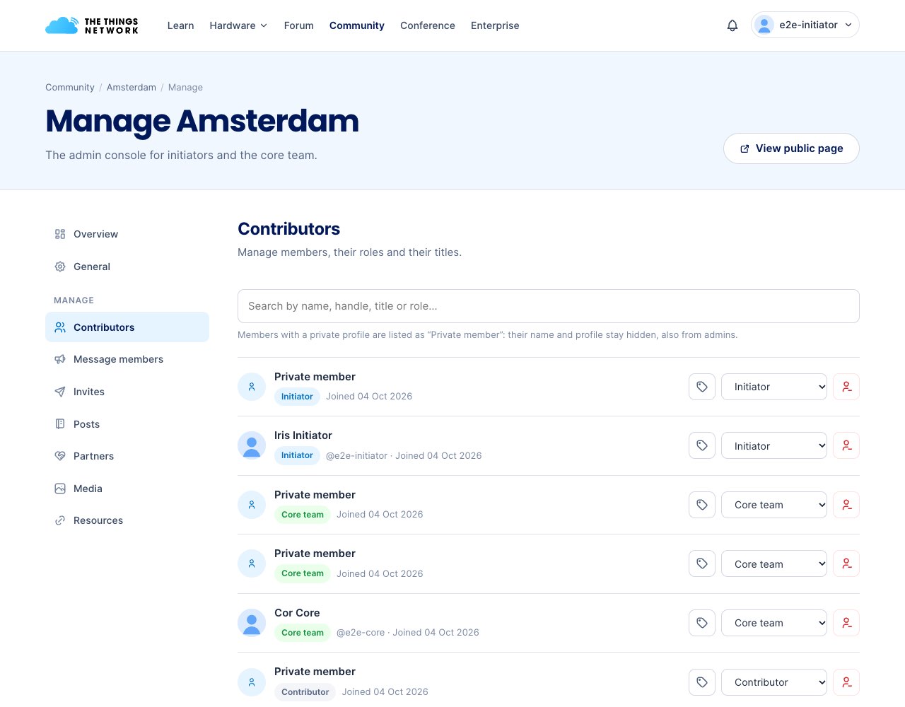 Admin console Contributors with roles and titles