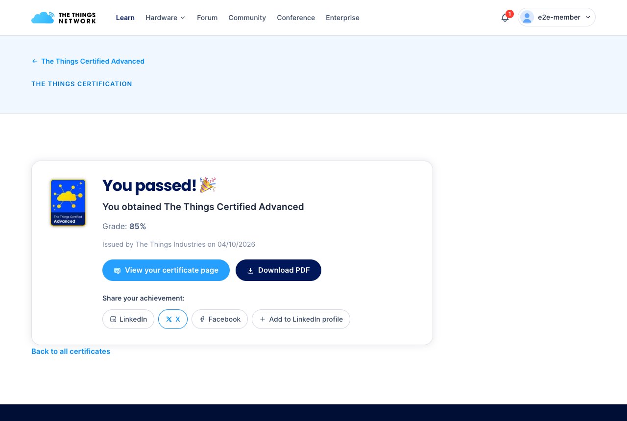 Exam result: You passed, with certificate links and share buttons