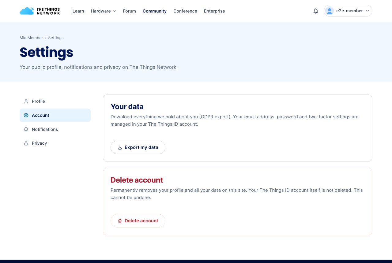 Settings, Account section with Export my data and Delete account
