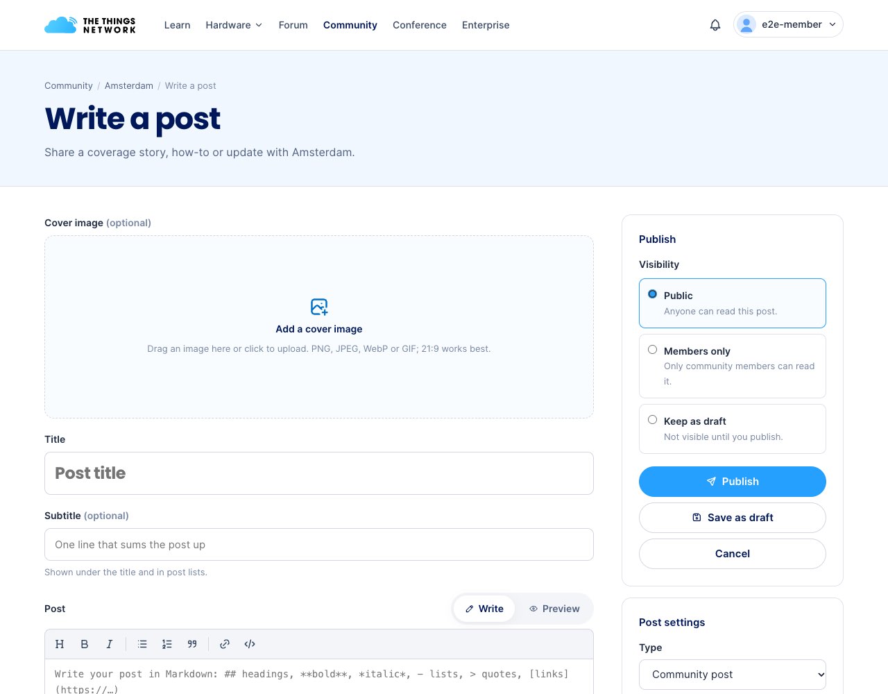 Write a post editor with cover image, title, subtitle, Markdown text and visibility options