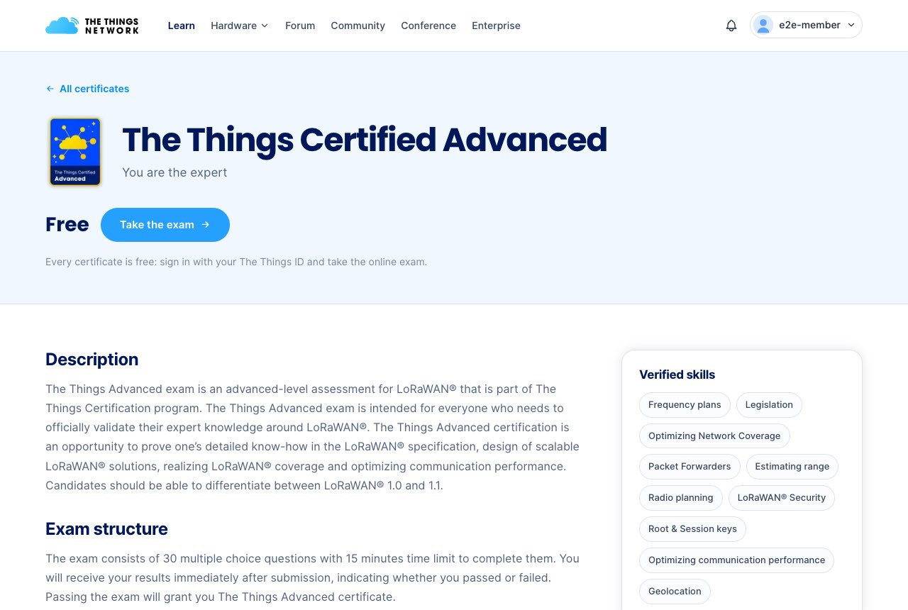 Certificate page with a Take this exam button