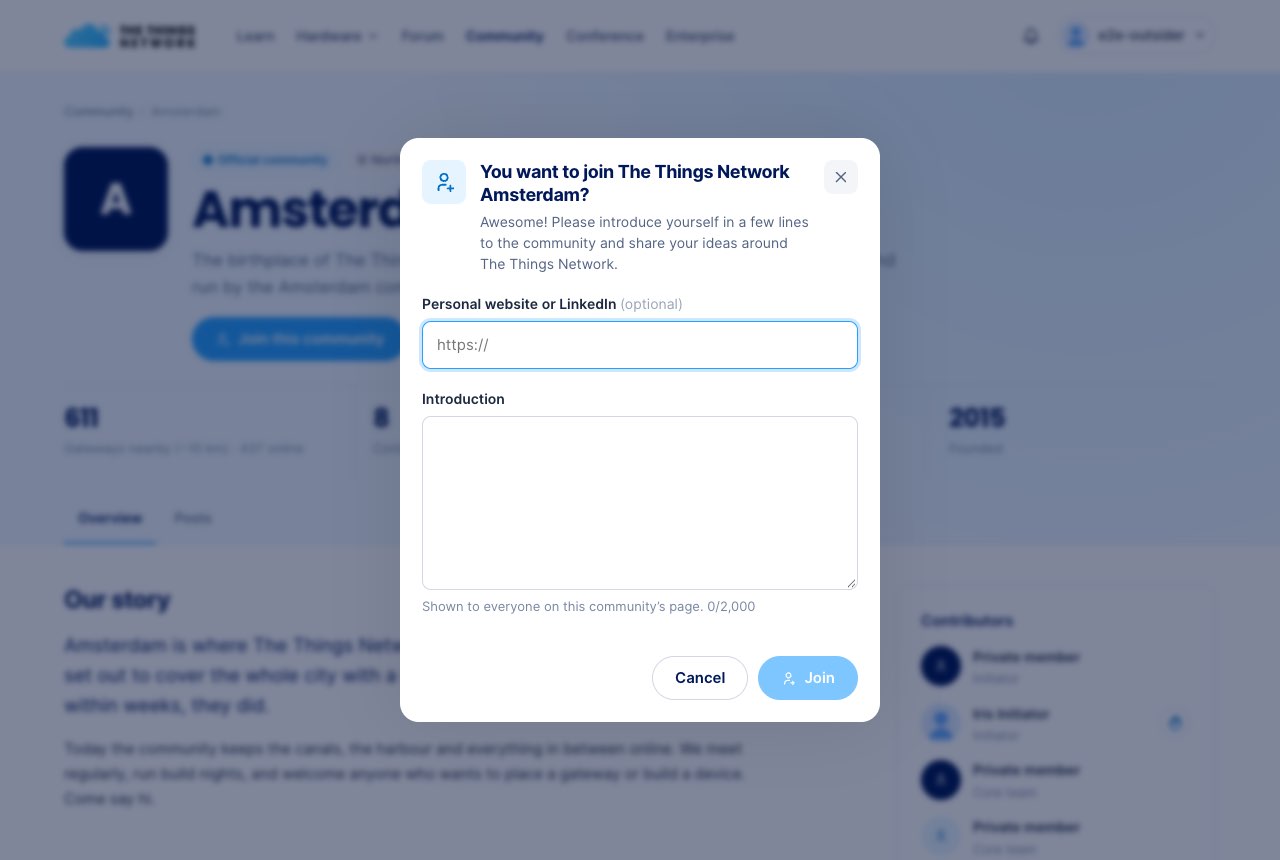 Join dialog with website and introduction fields