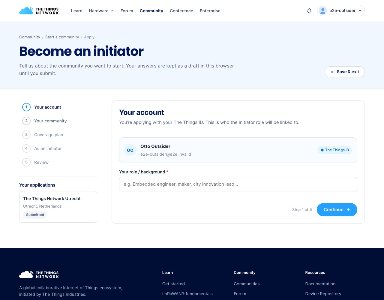 Become an initiator application, step 1 of 5
