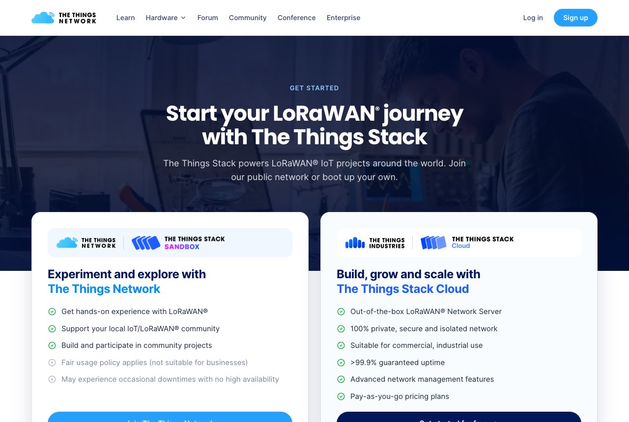 Get started page comparing The Things Network and The Things Stack Cloud
