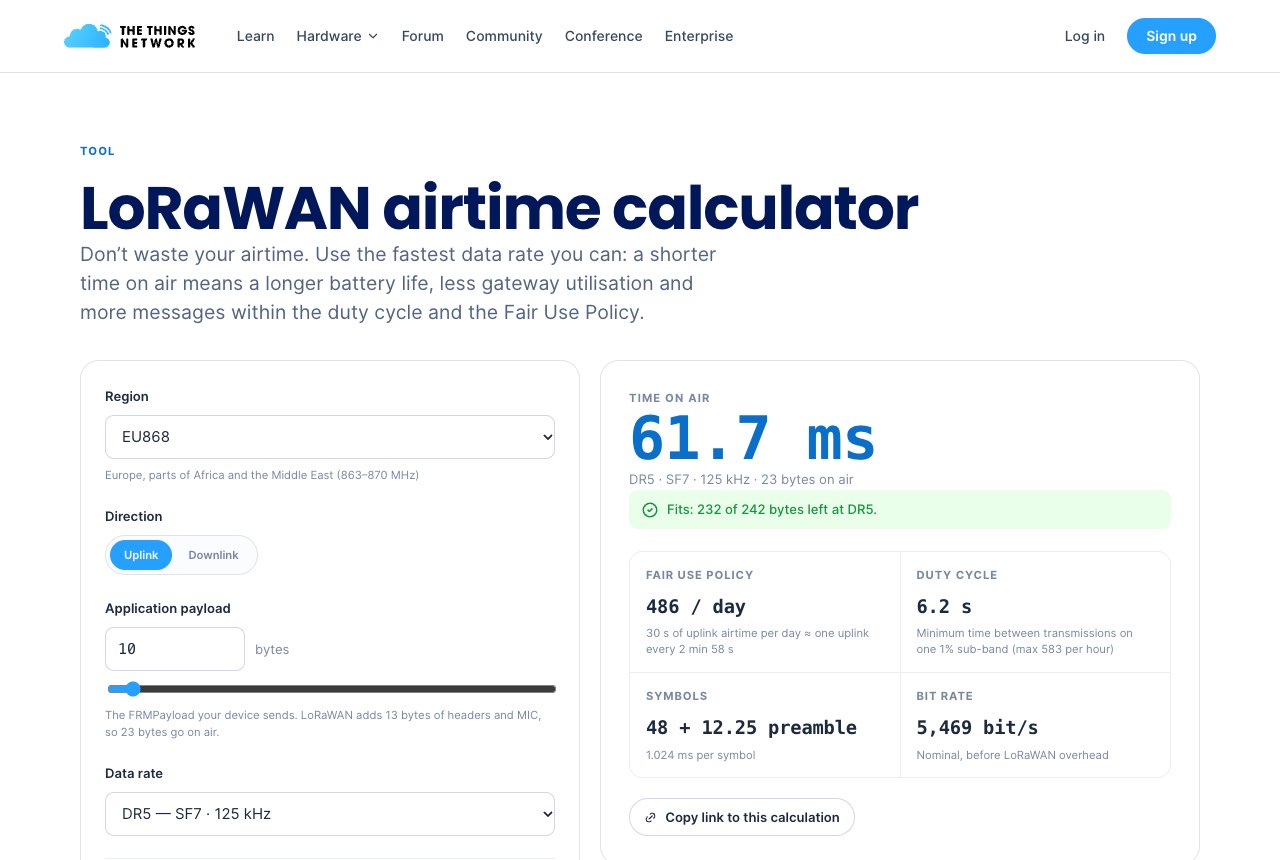 LoRaWAN airtime calculator